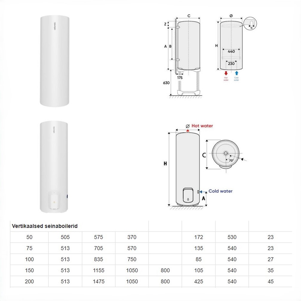 ELEKTRIBOILER ZENEO ACI, VERTIKAALNE 50l, 1,2KW, 230V KLAPP 3/4"-1/2" HOOLDUSVABA